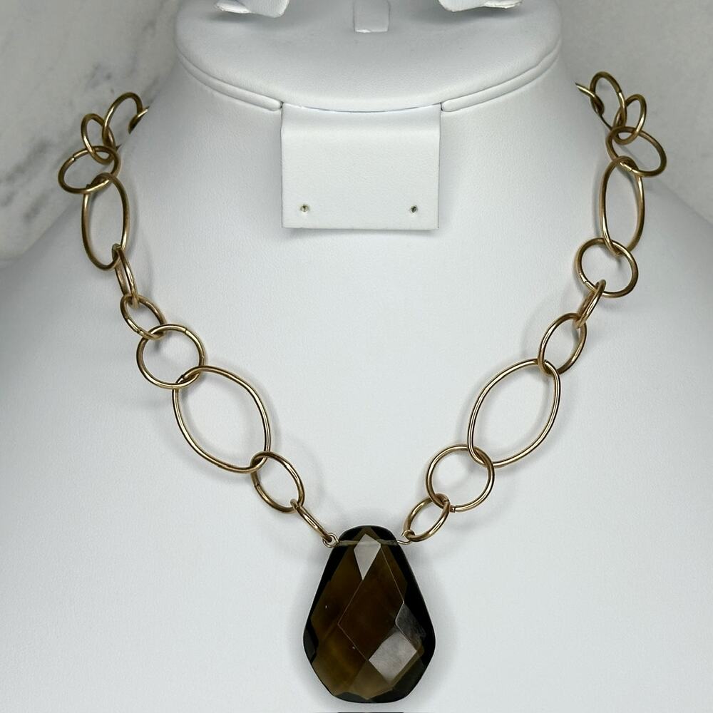 Chico's Vintage Brown Faceted Pendant on Gold Tone Chain Link Necklace